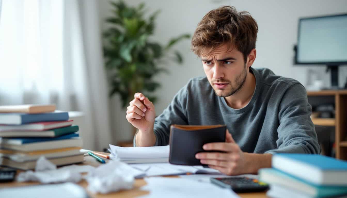 A stressed adult student sits at a cluttered desk holding an empty wallet.