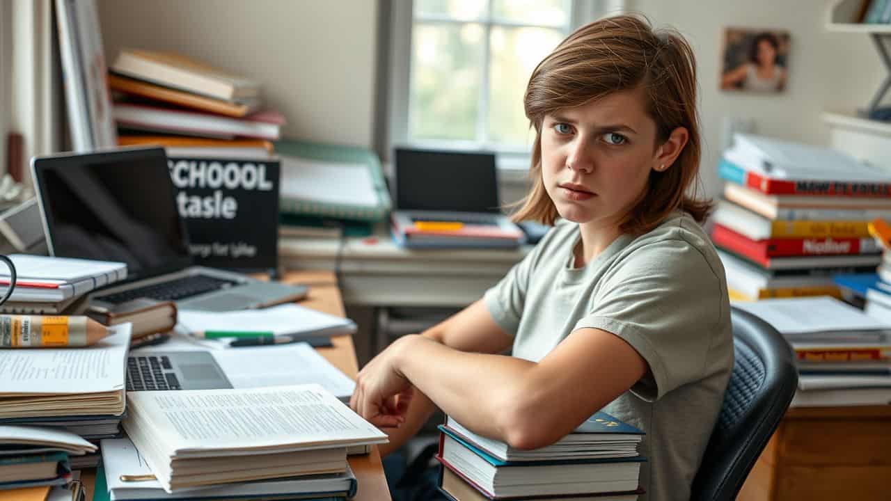 A stressed student juggles schoolwork and personal tasks at cluttered desk.