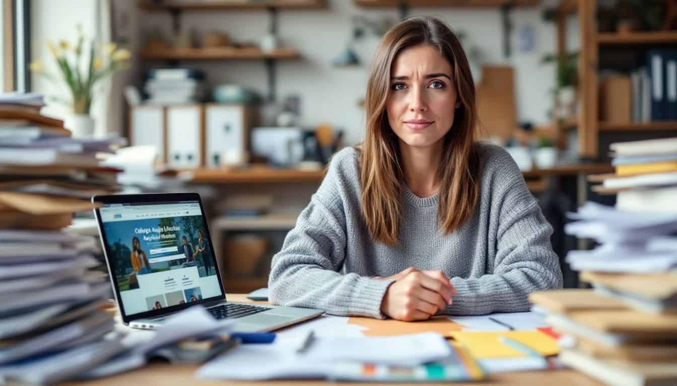 An overwhelmed woman surrounded by college application materials at cluttered desk.