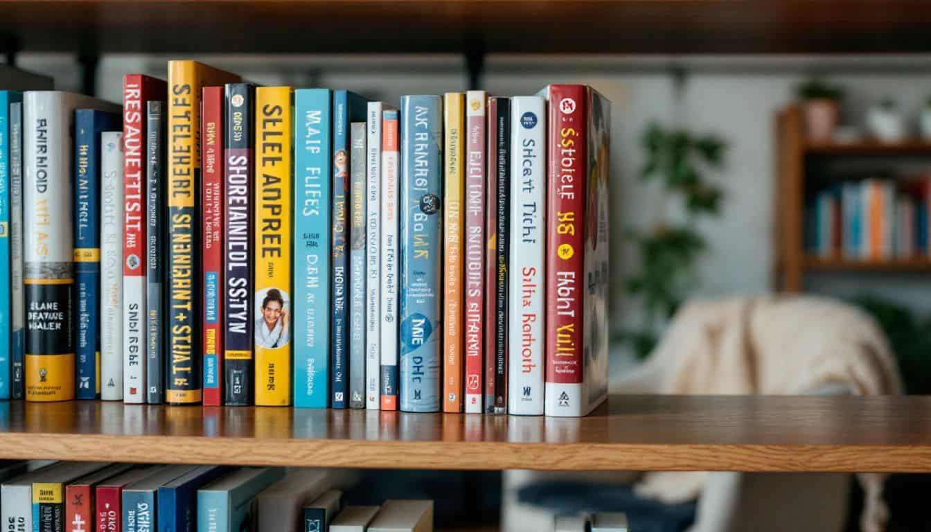 A library shelf filled with self-help books and a cozy reading nook.