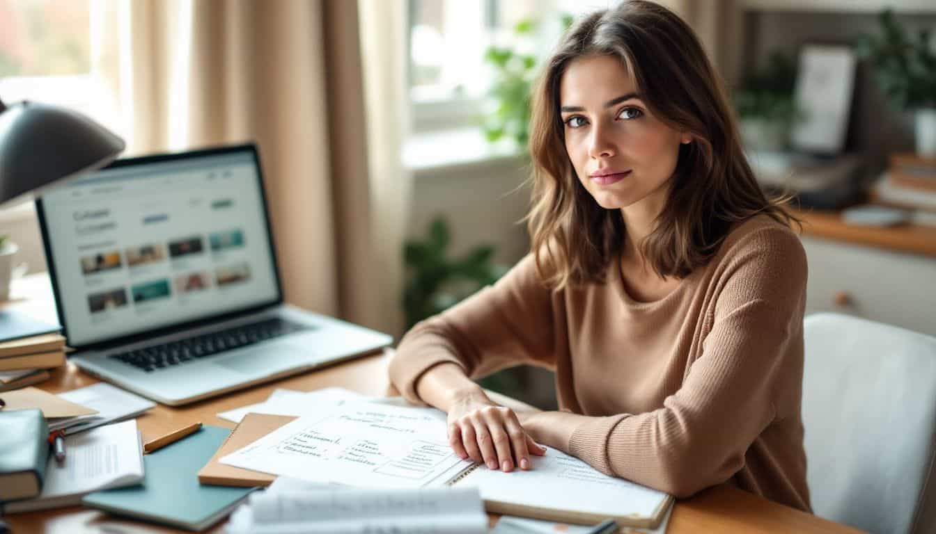 A young woman at a cluttered desk considers college options.