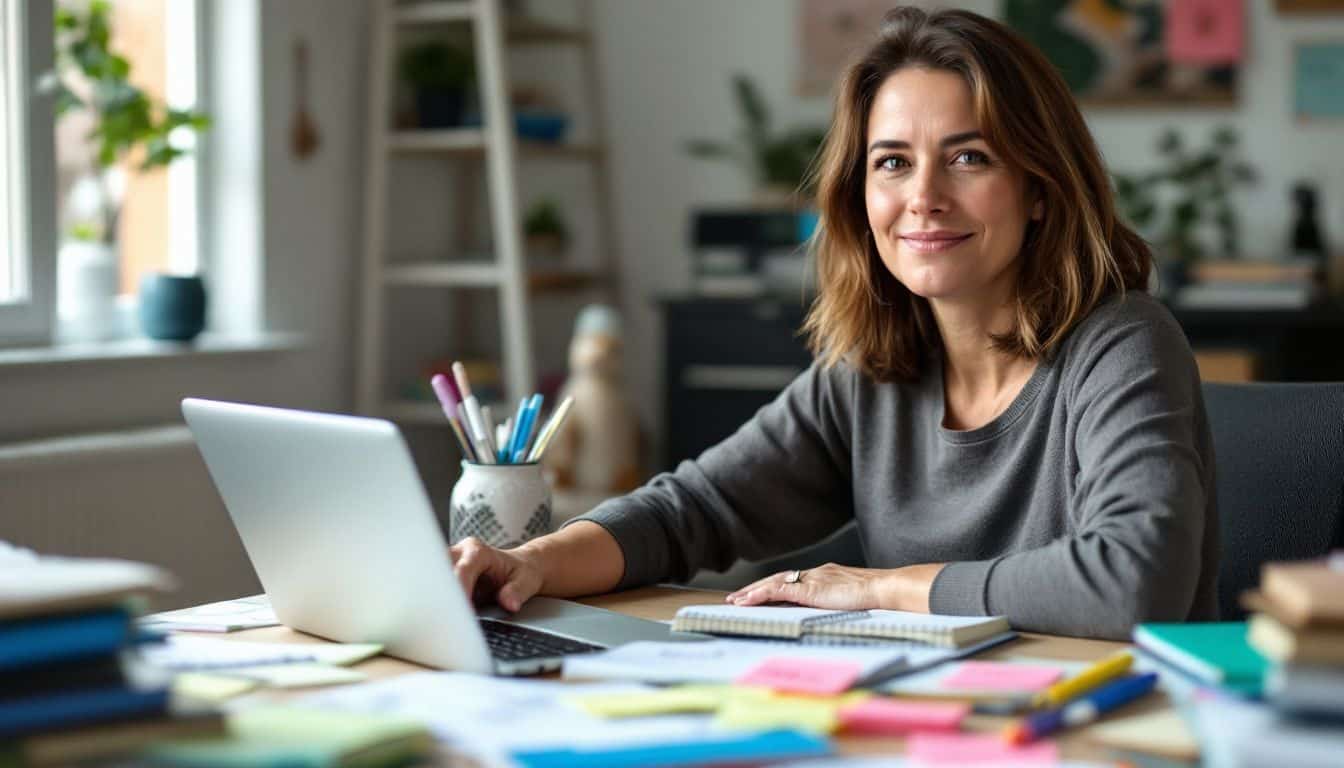 A woman sitting at a cluttered desk, planning her return to school.