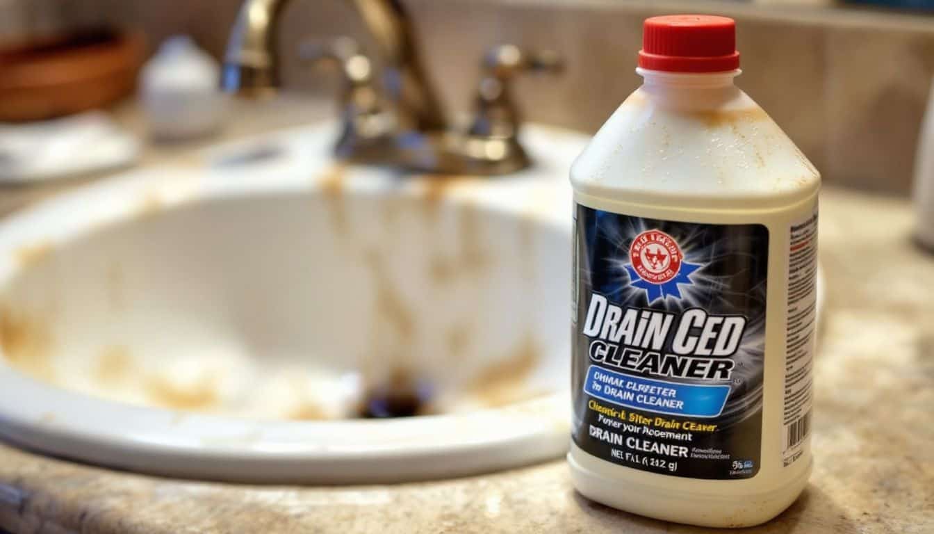 A bottle of chemical drain cleaner sits on a bathroom counter with a clogged sink in the background, highlighting the potential risks in household maintenance.