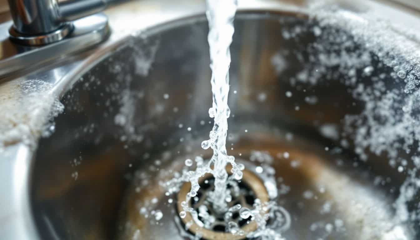 A close-up of a kitchen sink with warm soapy water.