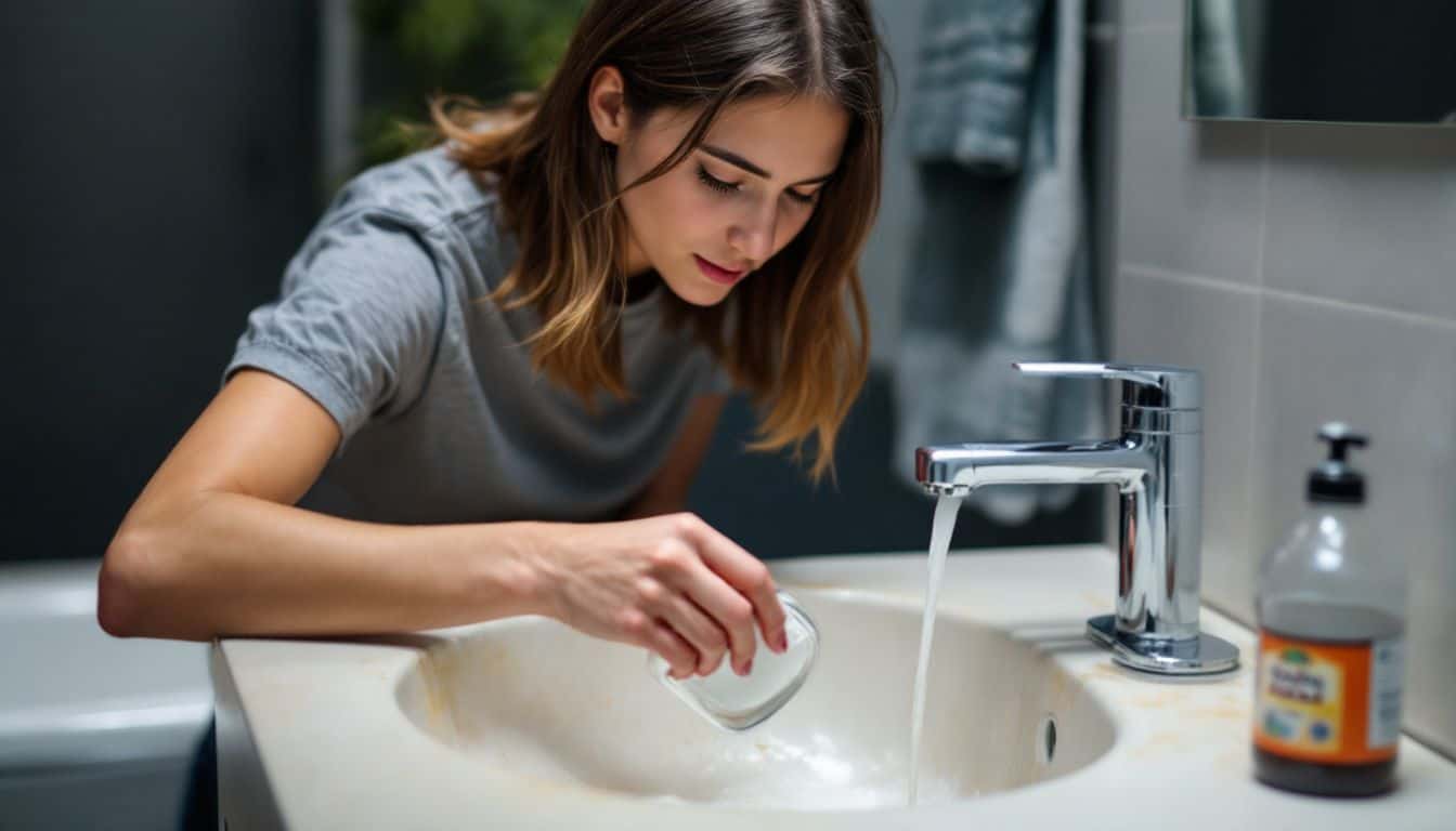 A young woman clears a clogged bathroom sink with baking soda and vinegar.