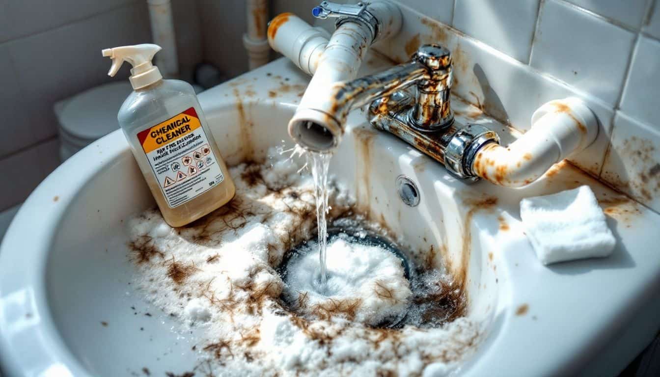 A cluttered and neglected bathroom sink with hair clogs and harsh cleaners.