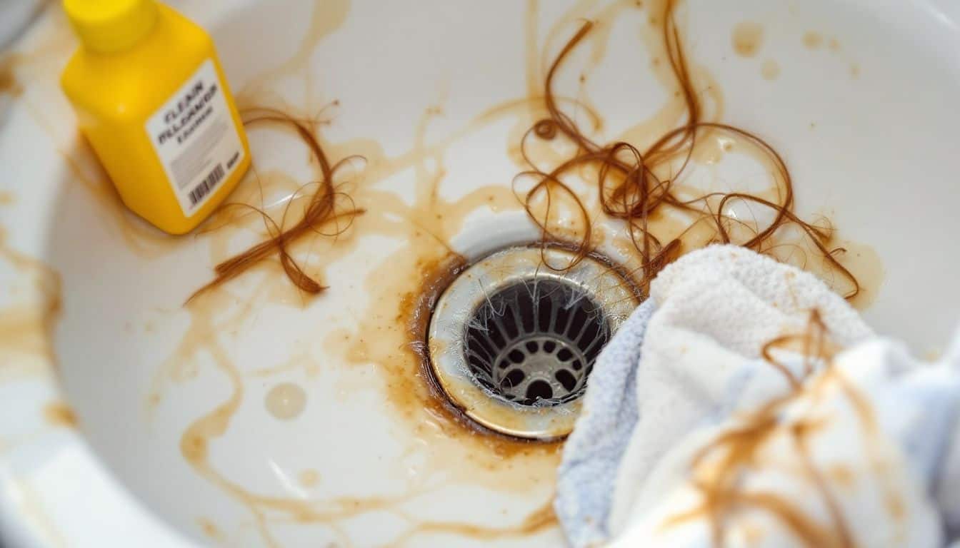 Clogged bathroom sink with hair, soap scum, and chemical cleaner.