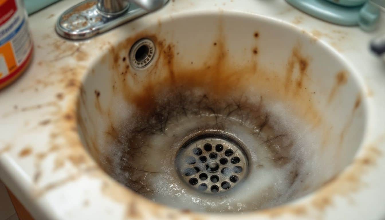 A clogged drain in a messy bathroom with hair and soap scum.