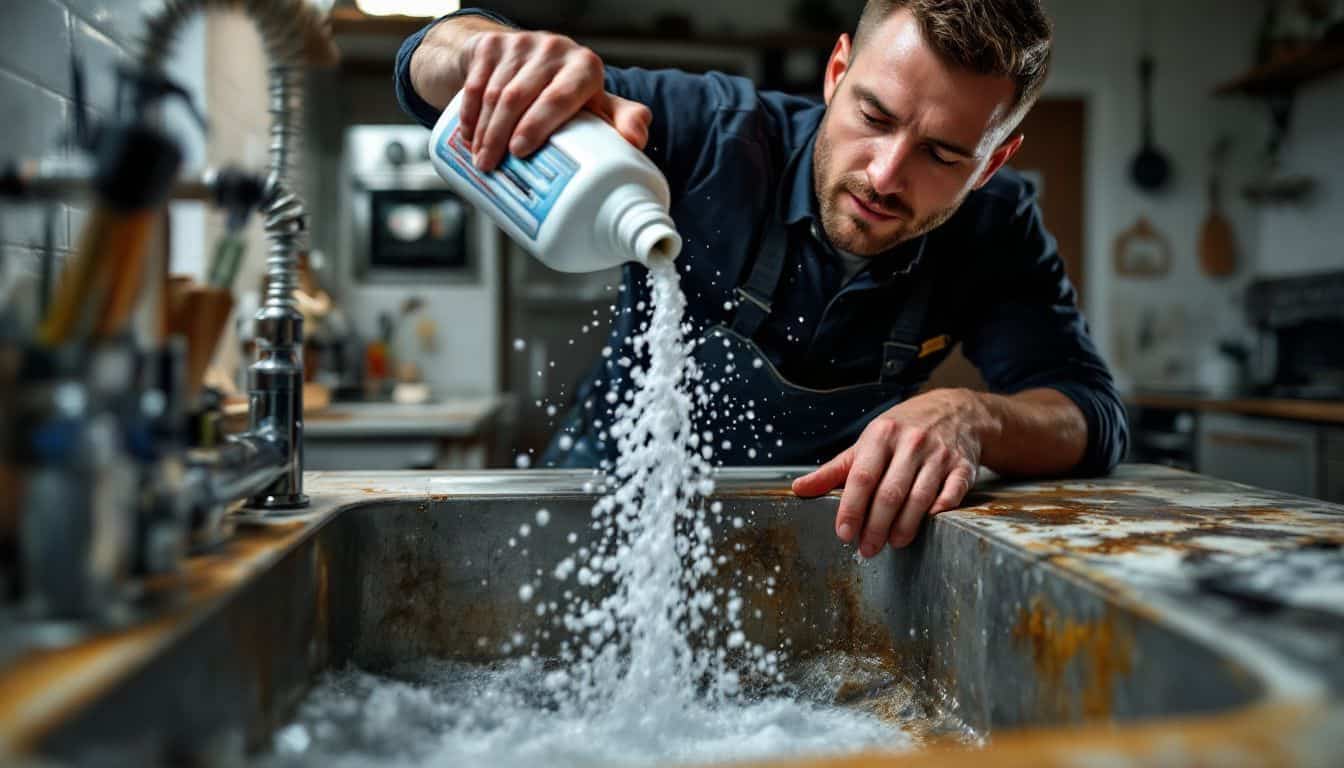 A plumber pours drain cleaner into a sink with greasy residues.