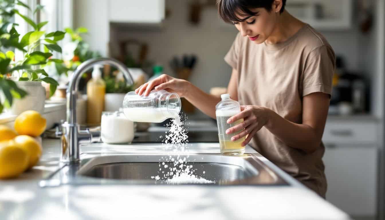 A person unclogs a sink using natural cleaning products in the kitchen.