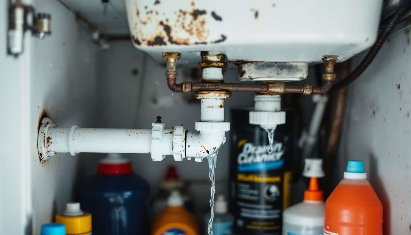 A corroded pipe under a sink is leaking water in a cluttered maintenance closet.