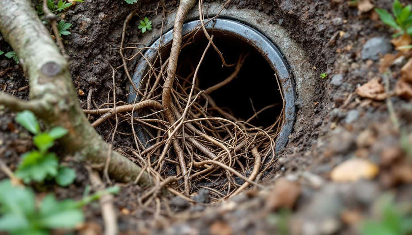 Tangled tree roots obstruct an outdoor drain pipe.