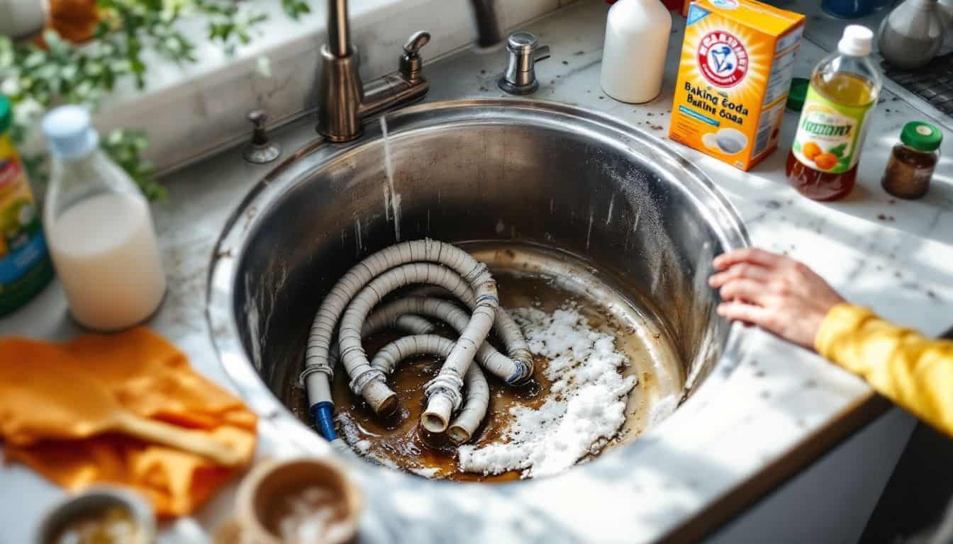 A clogged and grimy kitchen sink with eco-friendly cleaning supplies.