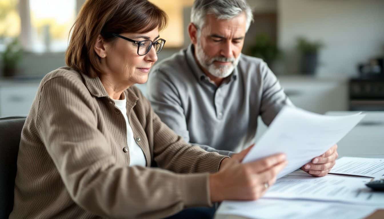 A couple in their 50s analyzing retirement account statements at home.