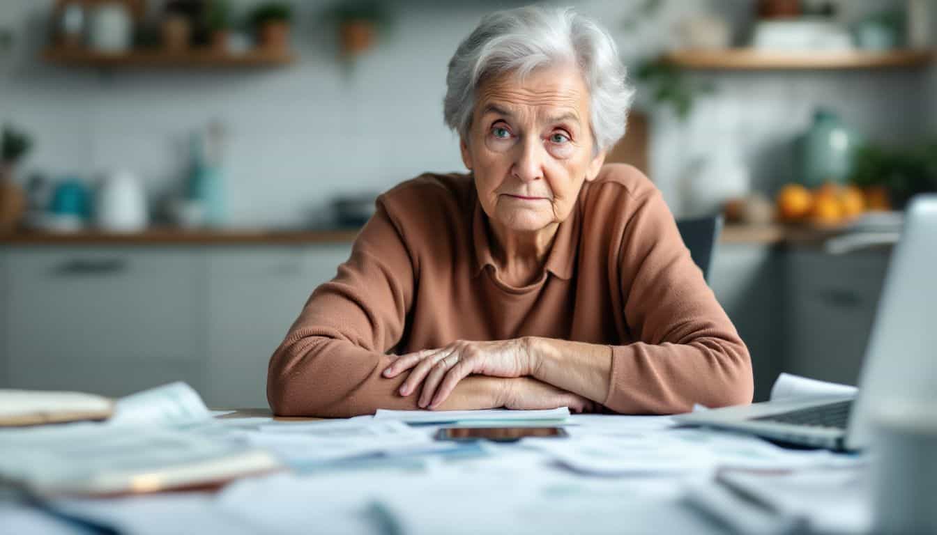 An elderly woman looks worried as she sits at a cluttered kitchen table, surrounded by healthcare-related paperwork and bills.