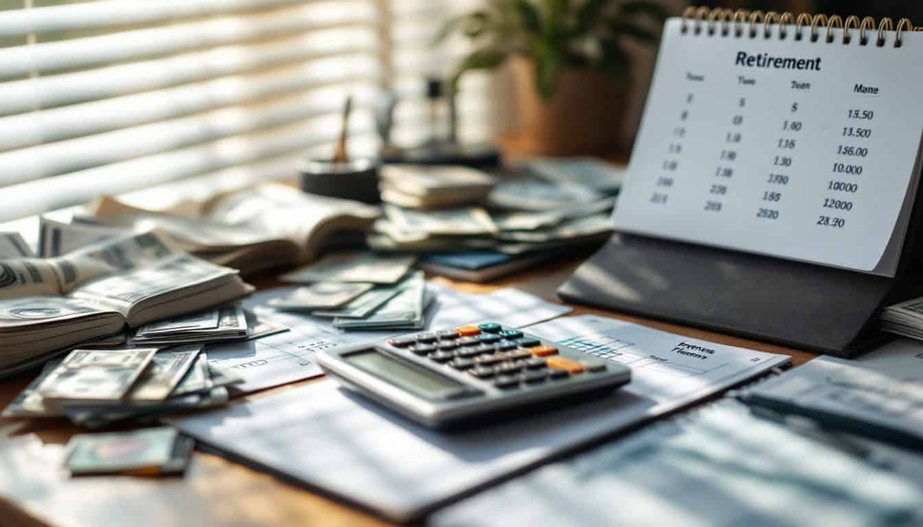 A cluttered desk with bills, calculator, notebook, and calendar for financial planning.