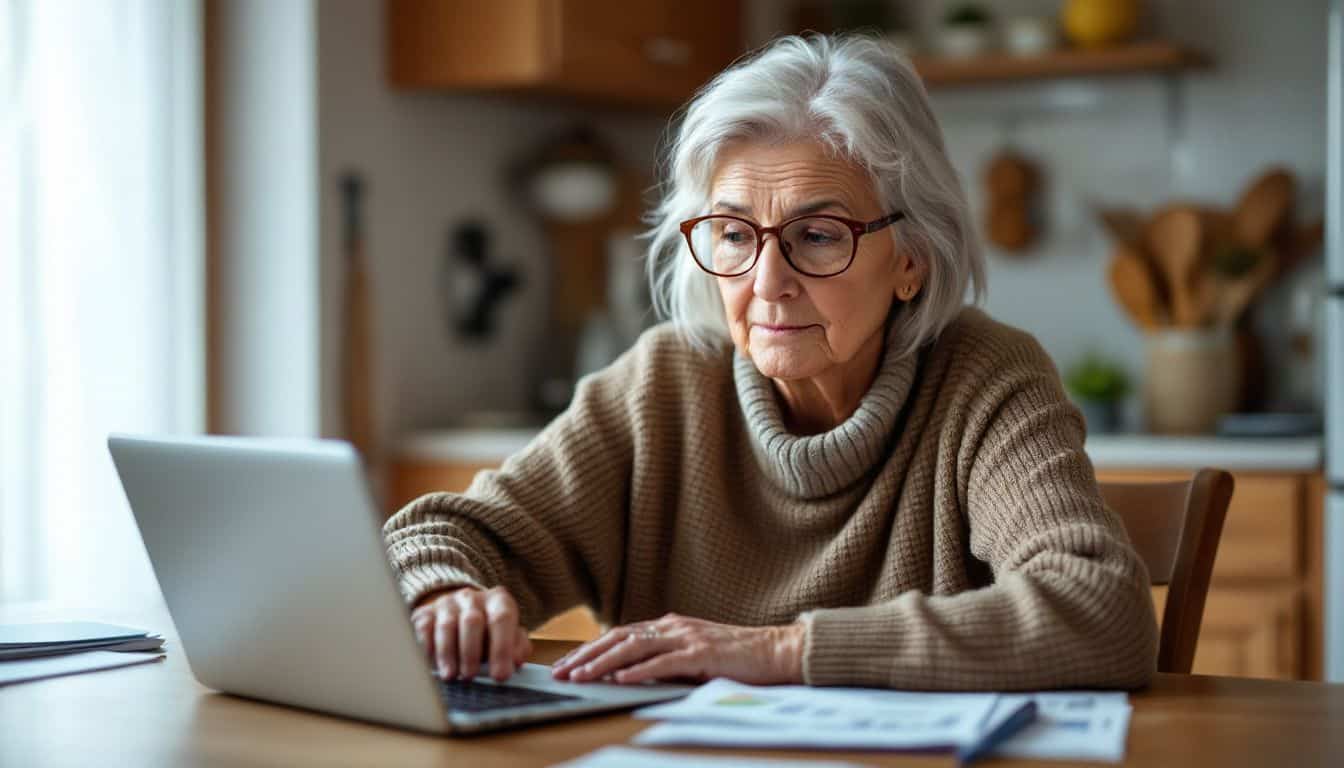 Elderly woman researching retirement income options at kitchen table.