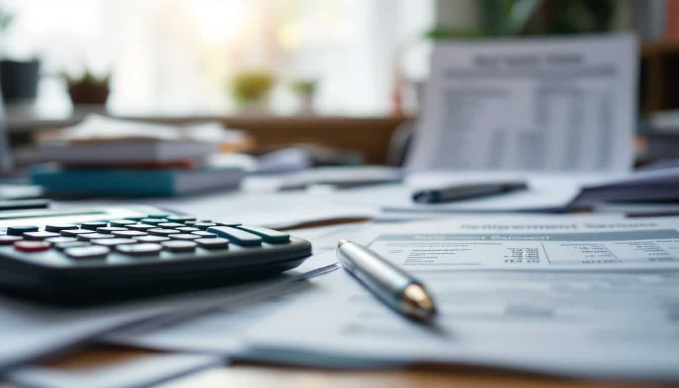 A cluttered desk with financial documents, calculators, and retirement planning books.