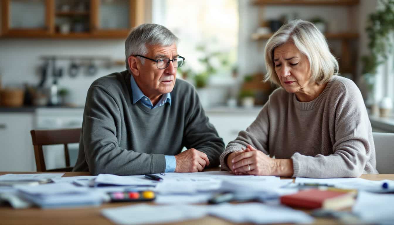 A senior couple discusses long-term care and nursing home expenses.