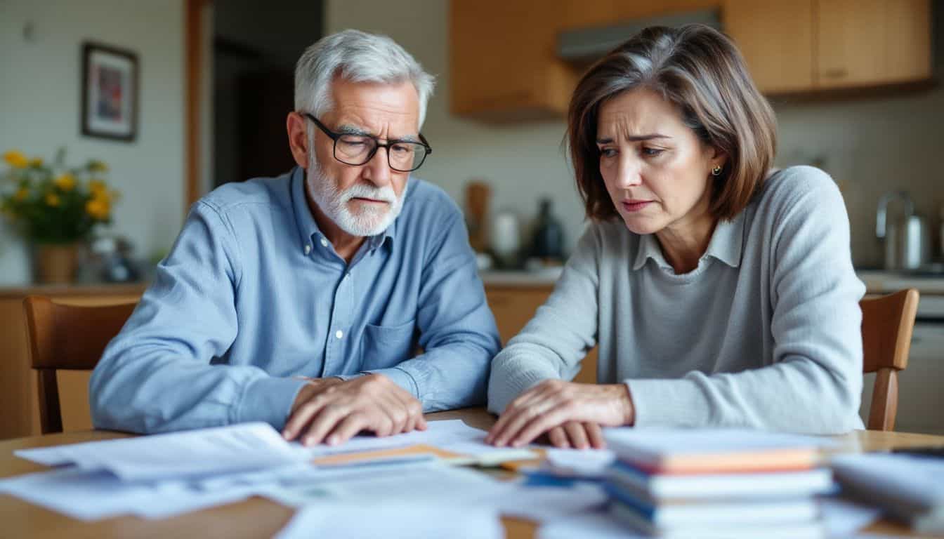 A retired couple sitting at a cluttered table, worried about shrinking retirement savings.