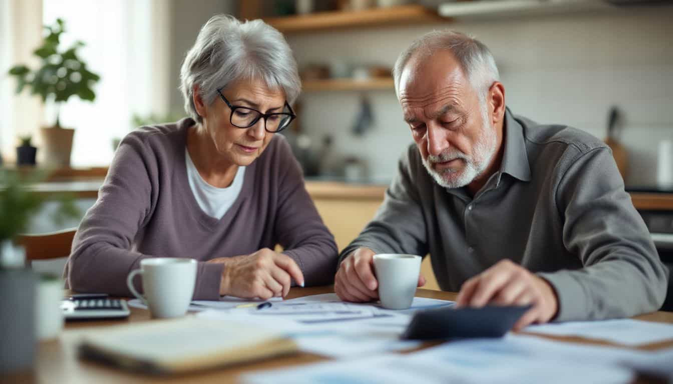 An elderly couple sits at a cluttered kitchen table, looking at financial documents.