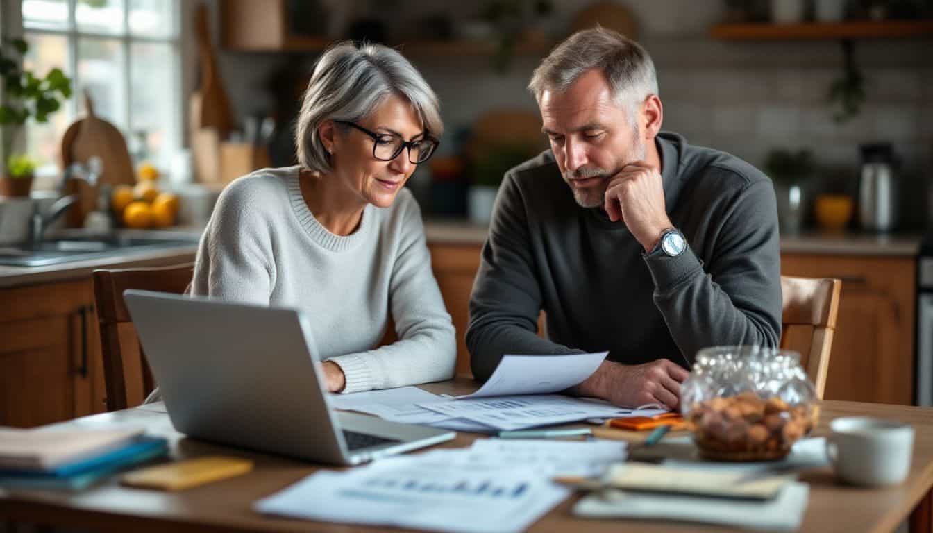 An elderly couple is discussing retirement finances and investment options.