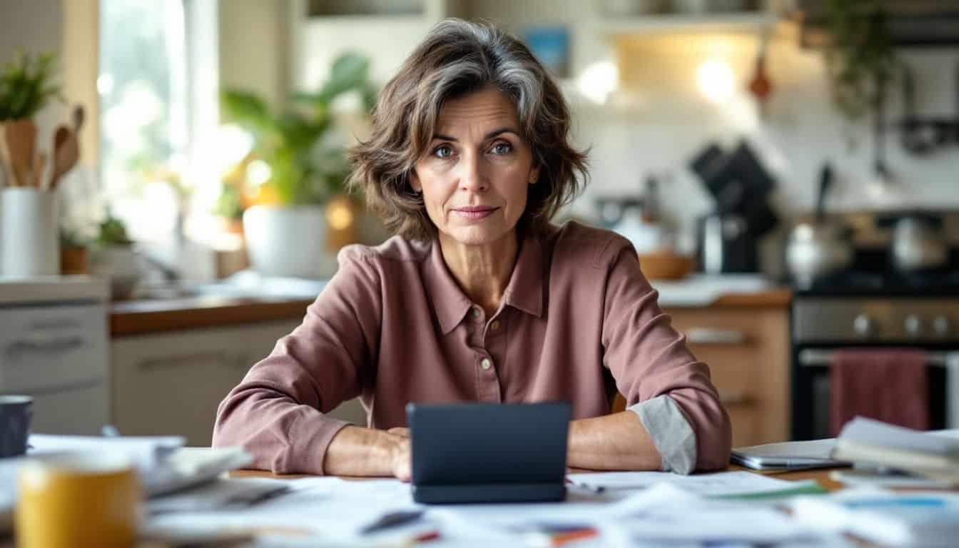 A woman in her late 50s reviewing pension contributions at a cluttered kitchen table.