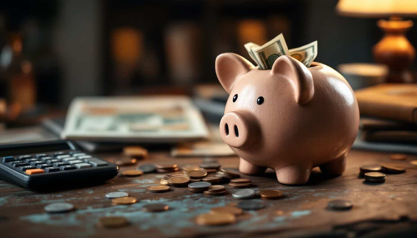 A piggy bank, calculator, and financial books on a wooden table.