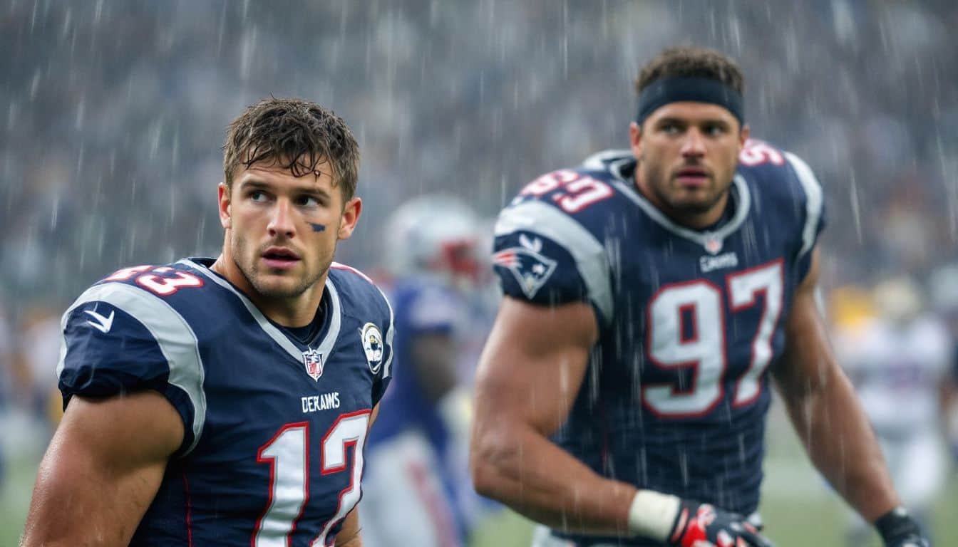 An NFL game in poor weather conditions with rain and strong winds.