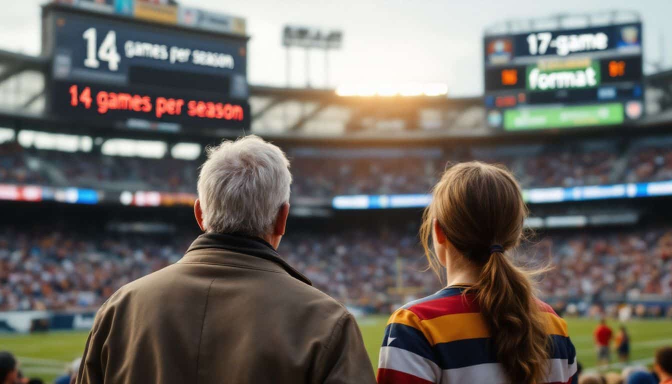 An old football stadium with aging fans, contrasting with a modern one.