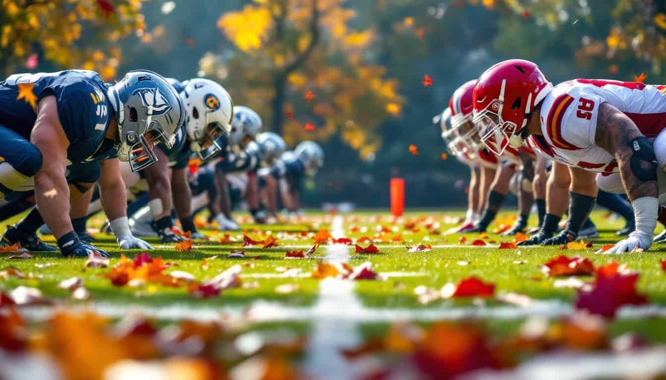 Two NFL teams compete in a fall football game with autumn leaves.