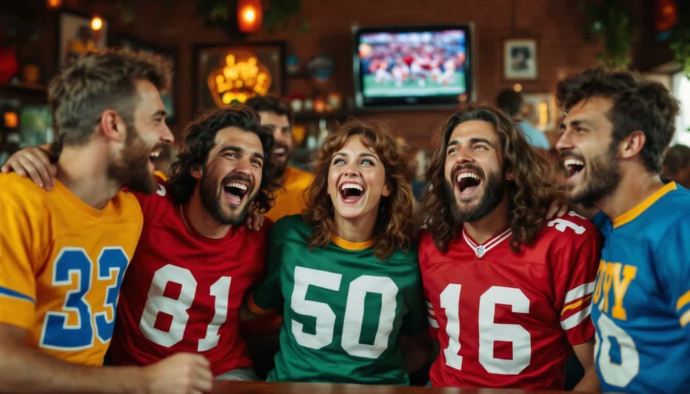 Excited football fans in vintage jerseys celebrate in a retro sports bar.