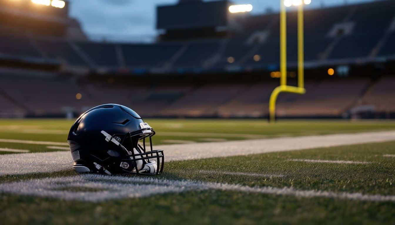 An empty football stadium with a single football helmet on the sidelines.