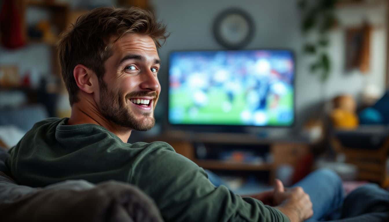 A man in his 30s is watching a football game on TV.