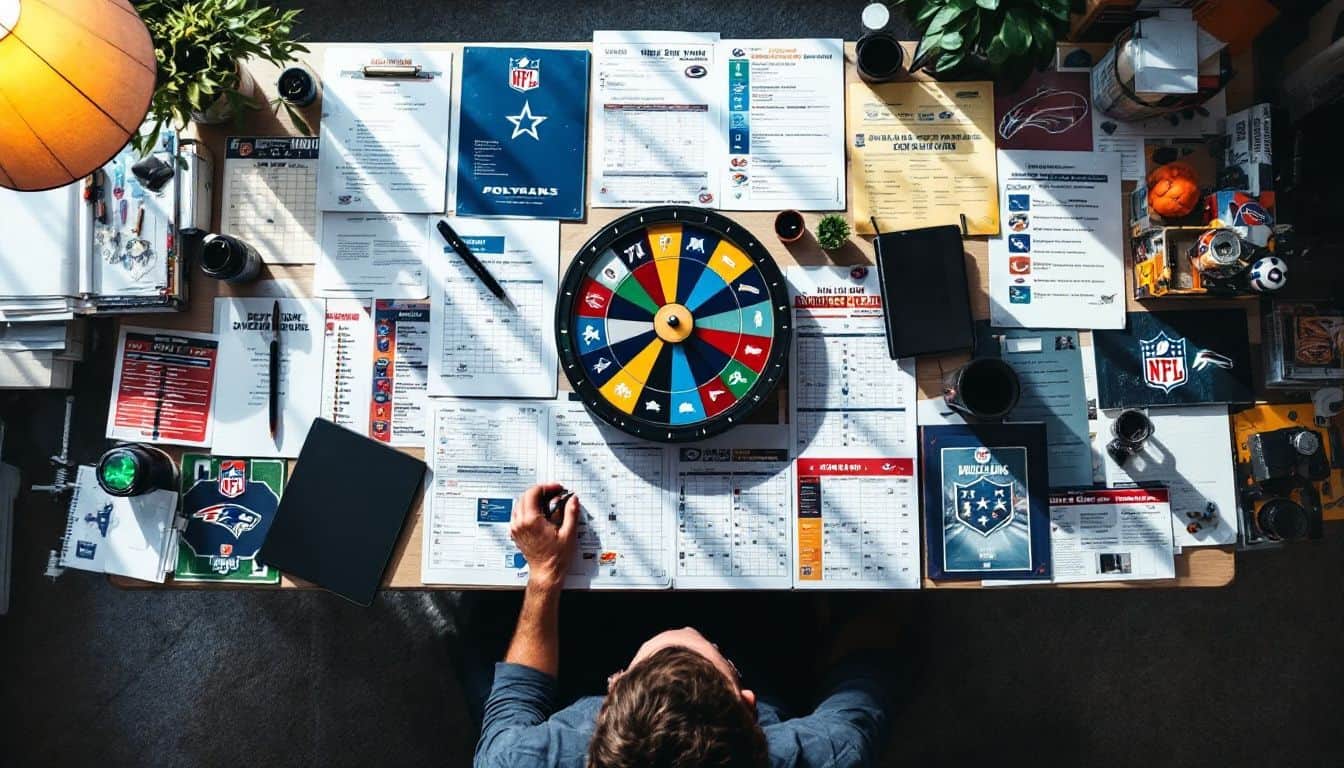 A table with NFL team logos, schedules, and a spinning wheel.