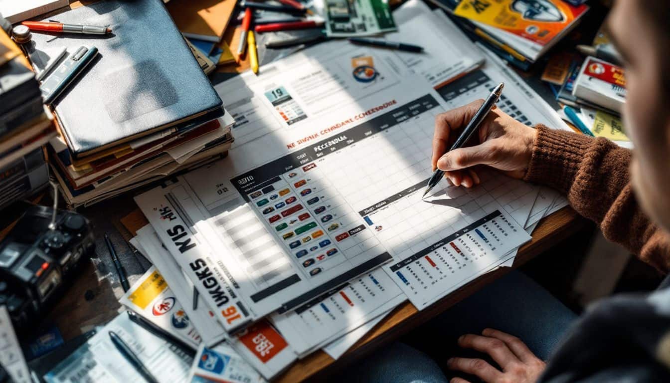 A cluttered desk filled with NFL schedules, tickets, and pens.