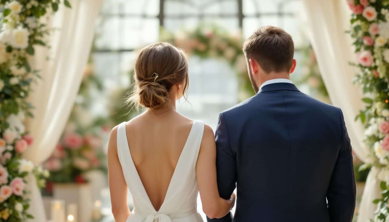 A couple in their late 20s walks down a beautifully decorated wedding aisle.