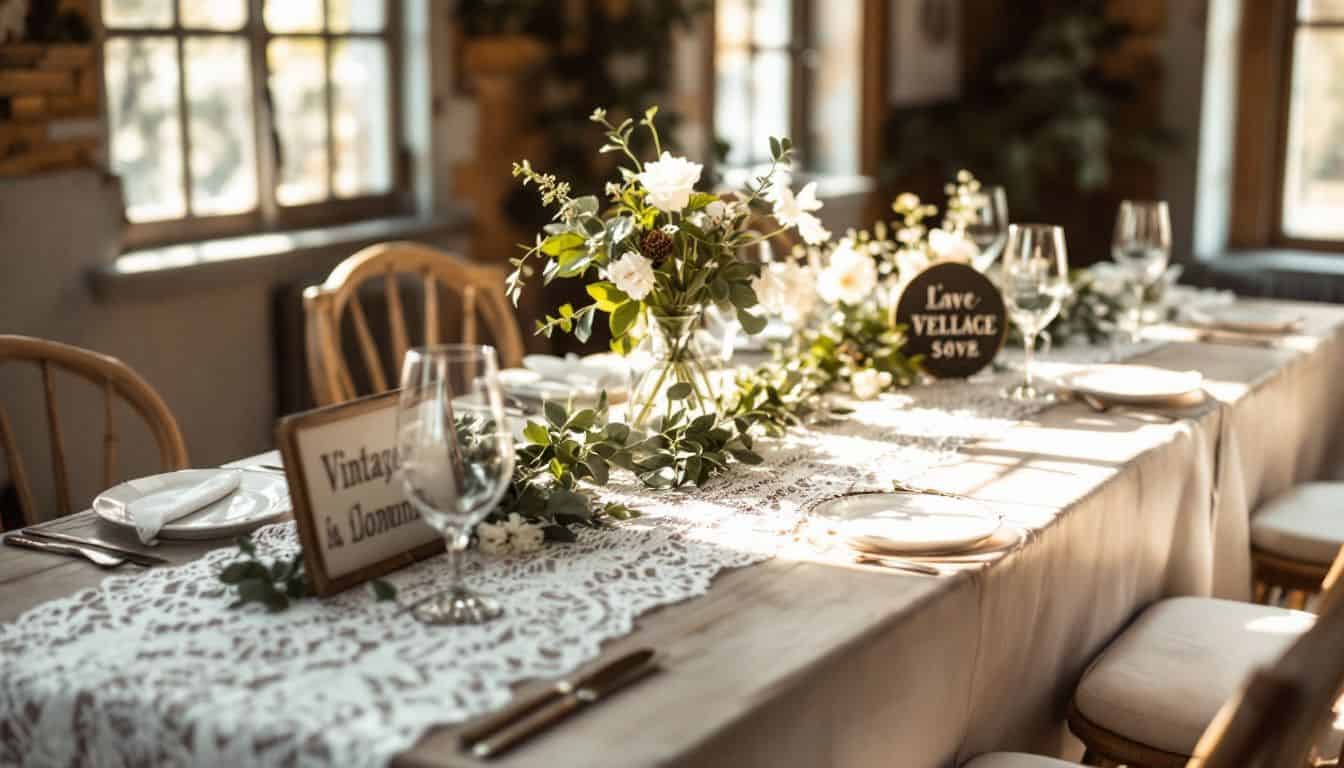 A rustic wedding reception with lace runners and vintage signs.