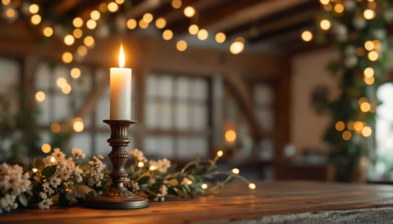 A vintage candle holder creates a cozy, romantic wedding reception atmosphere.