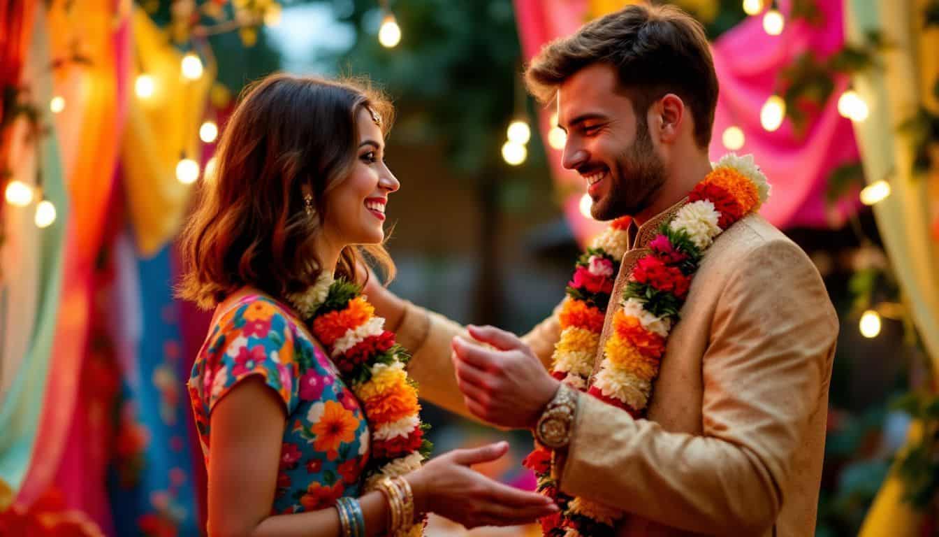 A couple exchanging flower garlands during an outdoor wedding ceremony.