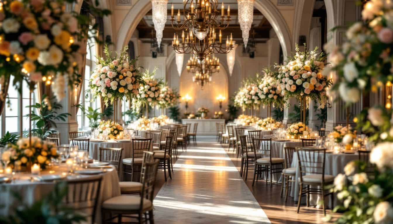 An elegant wedding venue with luxurious decor and floral arrangements.