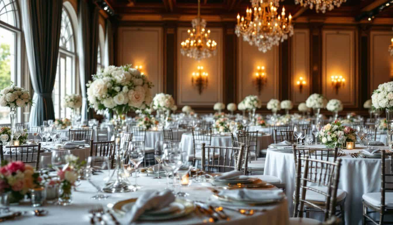 Elegantly decorated wedding reception hall with beautiful floral centerpieces.