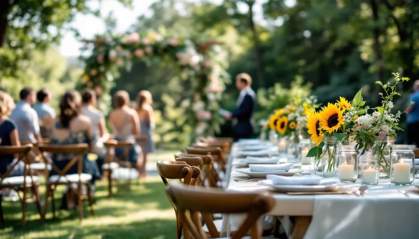 An outdoor wedding ceremony with a floral arch and sunflower centerpieces.