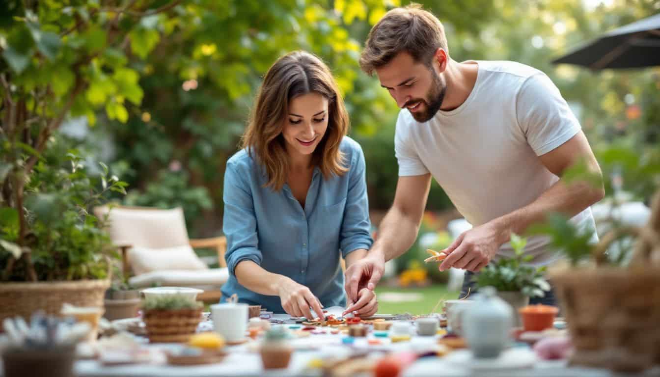 A couple in their 30s making budget-friendly wedding decorations in a backyard.