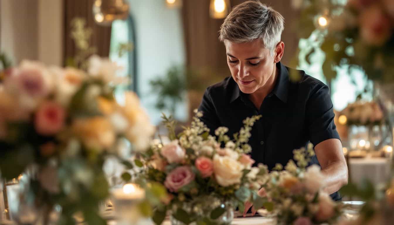 A wedding decorator arranging floral centerpieces in a ballroom.