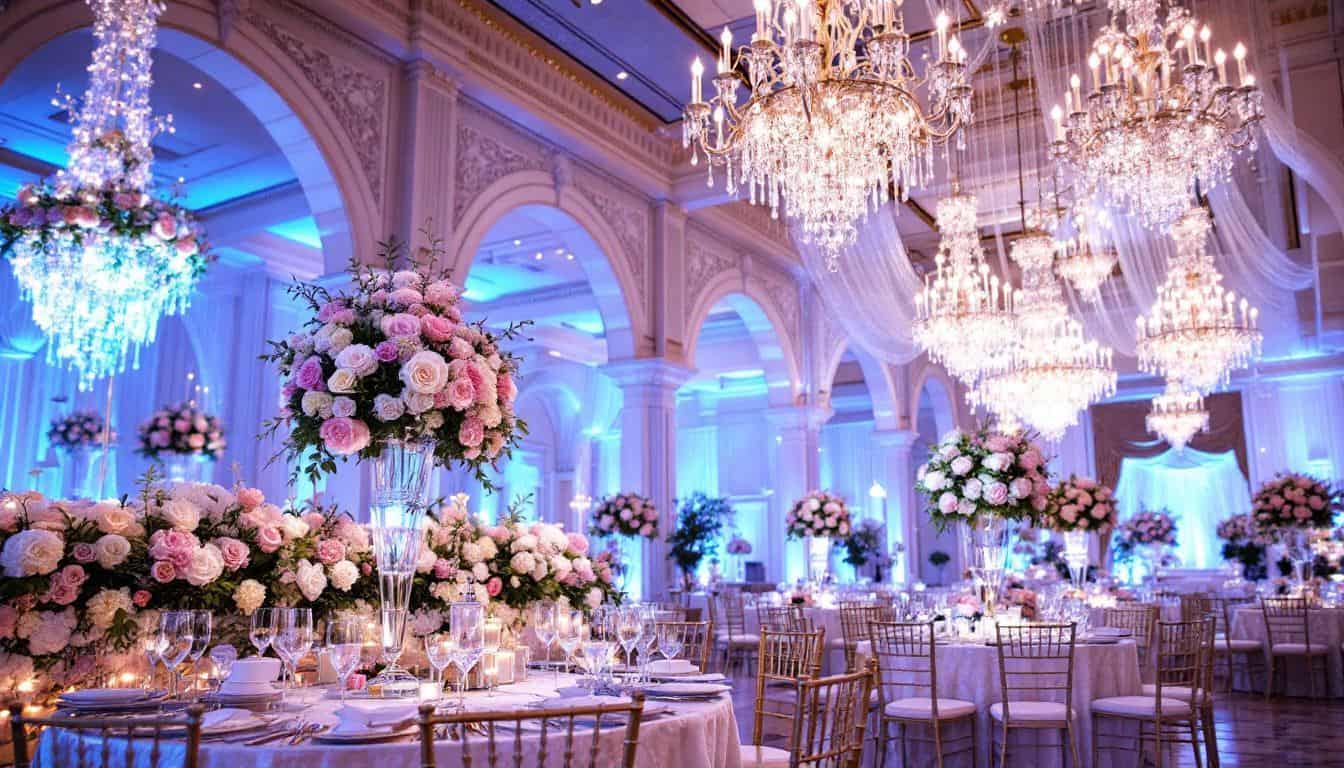 Luxurious wedding reception hall with stunning floral centerpieces and chandeliers.