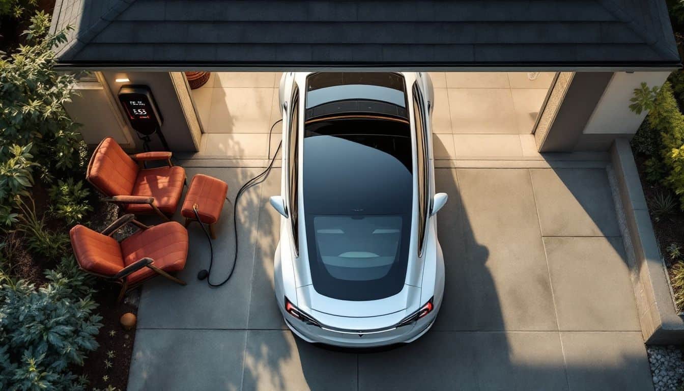 A Tesla electric car parked in a suburban garage connected to a charging station.