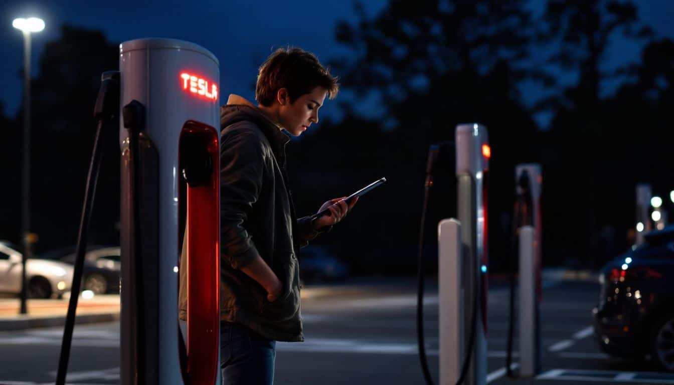 A person inspects a Tesla charging station in a parking lot.