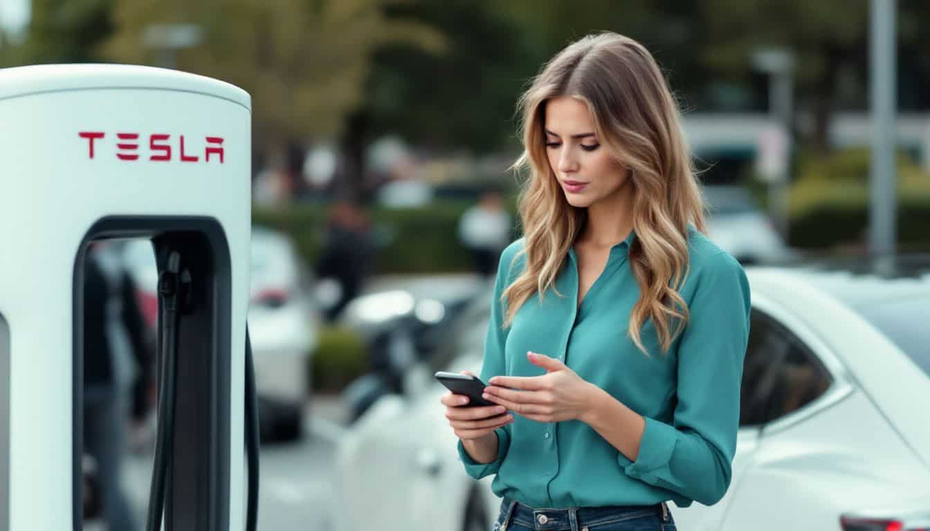 A woman in her 30s standing next to a Tesla charging station.