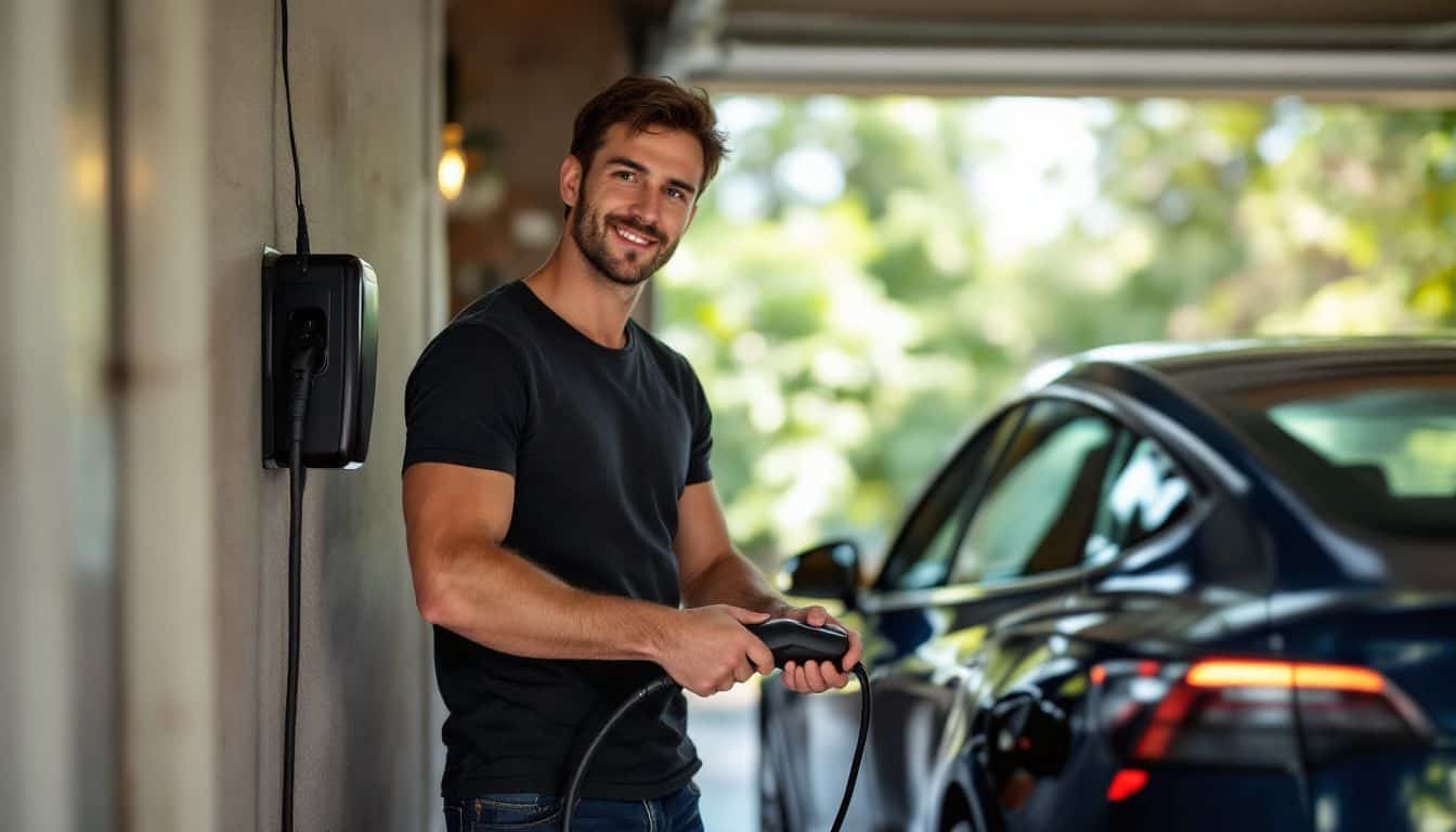 A man in casual attire charging a Tesla Model 3 in garage.